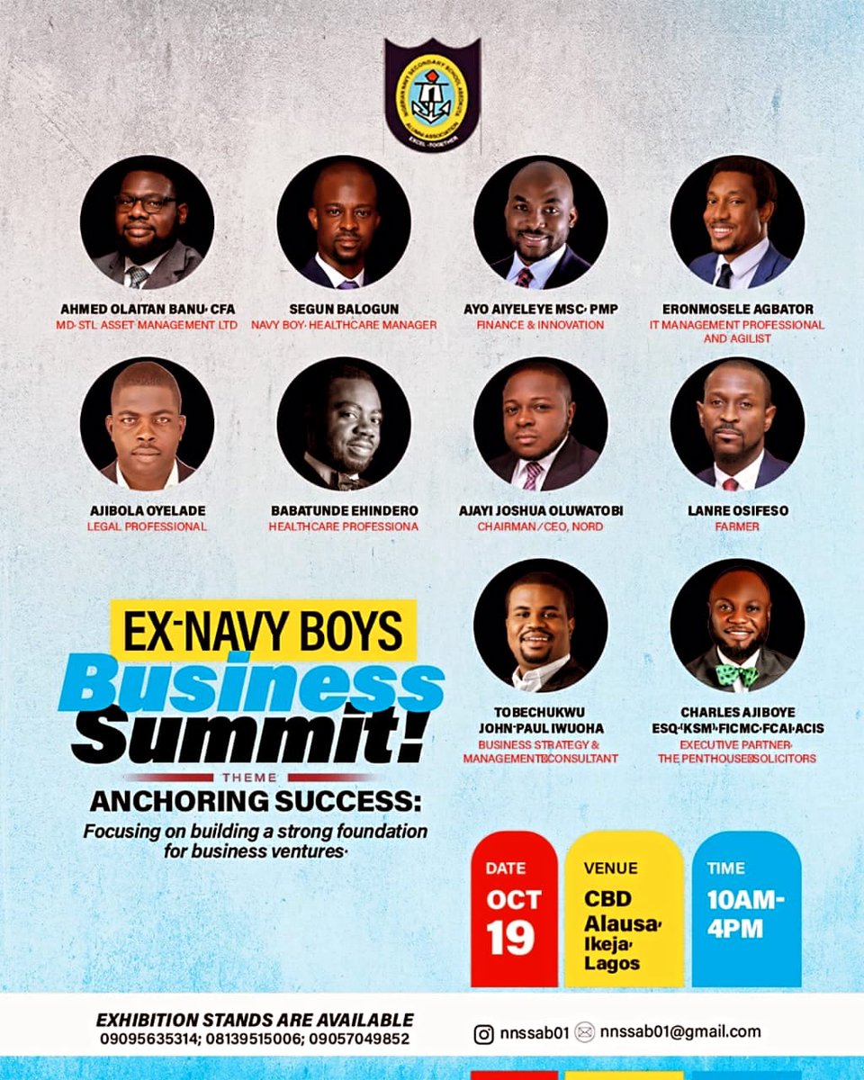 adedunmade's tweet photo. Navy Secondary School Alumni Hosts Business Summit; Invites General Public! 

The Nigerian Navy Secondary School (NNSSABK) Alumni @nnssabk01 is pleased to invite entrepreneurs, businesses, founders, SMEs, professionals and business organizations to the Ex-Navy Boys Business Summit! 

Our alumni have always been at the forefront of driving positive change. This summit is a platform to harness our collective expertise and resources to foster national development. By empowering small business owners and aspiring entrepreneurs, we aim to create a ripple effect that will benefit our communities and the nation at large. 

The Business Summit promises to be an enriching and dynamic event for all attendees. Keynote Speaker is Chairman/CEO, Nord Motors, Mr.Ajayi Oluwatobi. Other speakers include; Abiodun Oshodi - Africa MD, ILF Engineering; Jimi Ogbobine, MD Agusto Consulting; 
Adebola Omololu, CEO, GFA Technologies; Engr Olalekan Badmus, Executive Director, Nigeria Ports Authority; Pastor Stephen Ebenordi, Christ Dominion Bible Church; Arc. Bayo Oyenuga; Mr Olaniji Aisida Executive Director, Nigeria CNG Transport Solutions. 

Also Speakers are from diverse areas of specialty and enterprise including Ayo Aiyeleye MSc, PMP, Finance & Innovation; Eronmosele Agbator, IT management professional and Agilist; Tobechukwu John-Paul Iwuoha, Business Strategy & Management Consultant to mention a few. 

Here's what you can expect at the Business Summit; 

Networking Opportunities:
Connect with a diverse group of entrepreneurs, business leaders, founders, SMEs, and business organizations. 

Insightful Sessions:
Gain insights from industry experts and thought leaders through engaging sessions and panel discussions. 

Exhibition Stands:
Explore a variety of exhibition stands showcasing innovative products and services. 

Business Presentations:
Hear from fellow entrepreneurs and business owners as they present their ventures. 

Community Engagement:
Join a supportive community of like-minded individuals who are passionate about business and growth. 

Join us on October 19, 2024,for a day of networking, learning, and growth. Whether you're attending in person or virtually, this is an event you won't want to miss!

More details; 
Date: Saturday, 19th October, 2024 
Venue: Adeyemi Bero Auditorium, Alausa, Ikeja. 
Time: Registration opens at 9am. 

Panel Session 1: 
Topic: Building A Business: Financial planning, risk management, and sustainable growth strategies. 

Session 2: 
Topic: Charting a Course: Business Innovation: Innovative thinking, market trends and creative problem-solving. 

Look forward to more sessions, fireside chats, business showcase and exhibitions. 

Let's come together to **anchor success** and build a strong foundation for business ventures. Register now and be part of this transformative experience! 

Registration link; https://t.co/l6QTwQutHH 

Get an exhibition stand; https://t.co/WCJ7awZT2k 

Don't miss out on this opportunity to grow, learn, and connect. We look forward to seeing you at the Ex-Navy Boys Business Summit! 

For: NNSSABK 2001 Set Alumni
#NNSSABKBusinessSummit #AnchoringSuccess #EconomicEmpowerment #NationalDevelopment #GivingBack