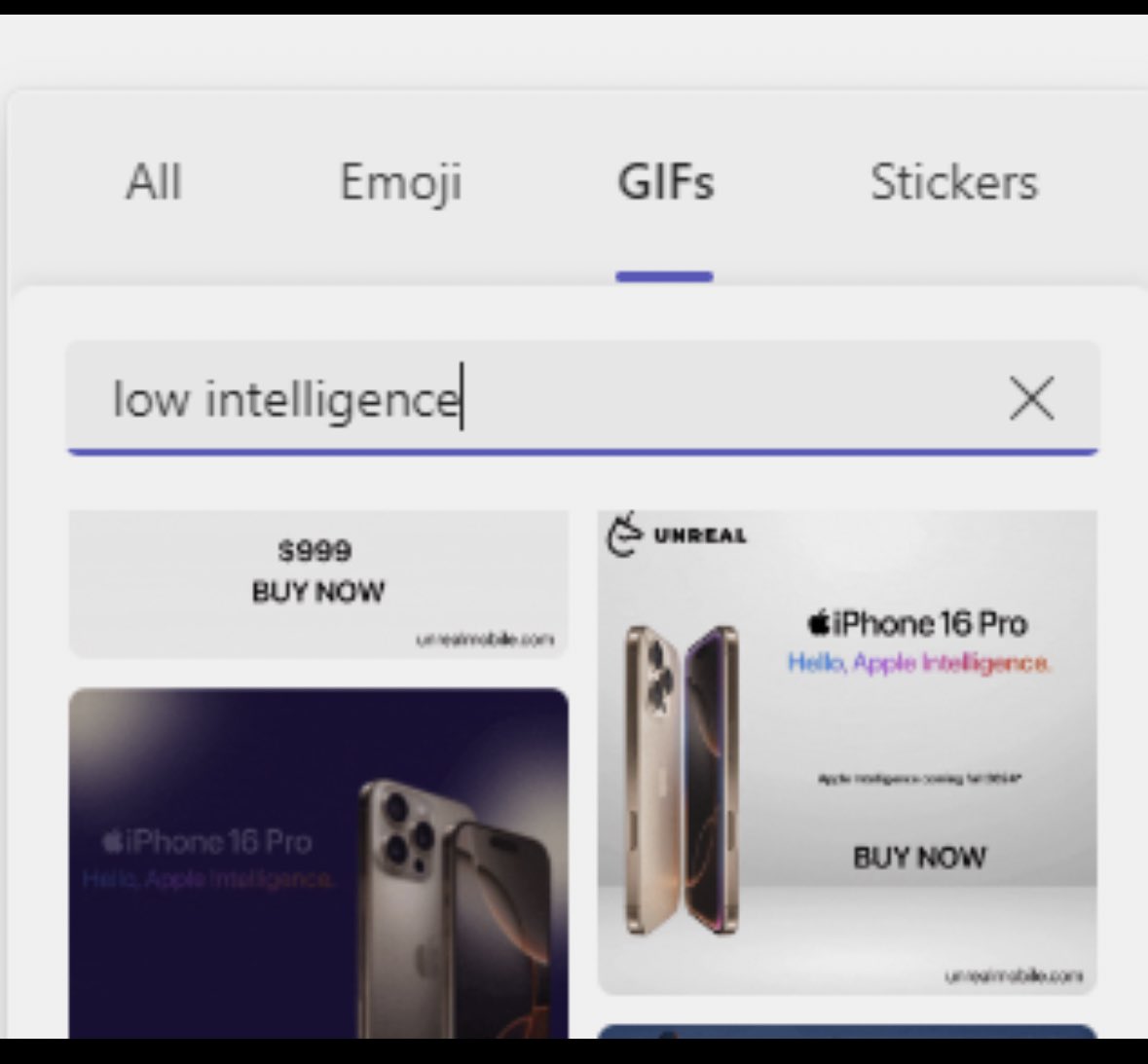 Australiasecure's tweet photo. I searched for a gif on @MicrosoftTeams and I saw this 🤣 
I’m not offended because I use an older iPhone 🙃
#iPhone16 #iPhone16Pro https://t.co/DAeMXGB4ij