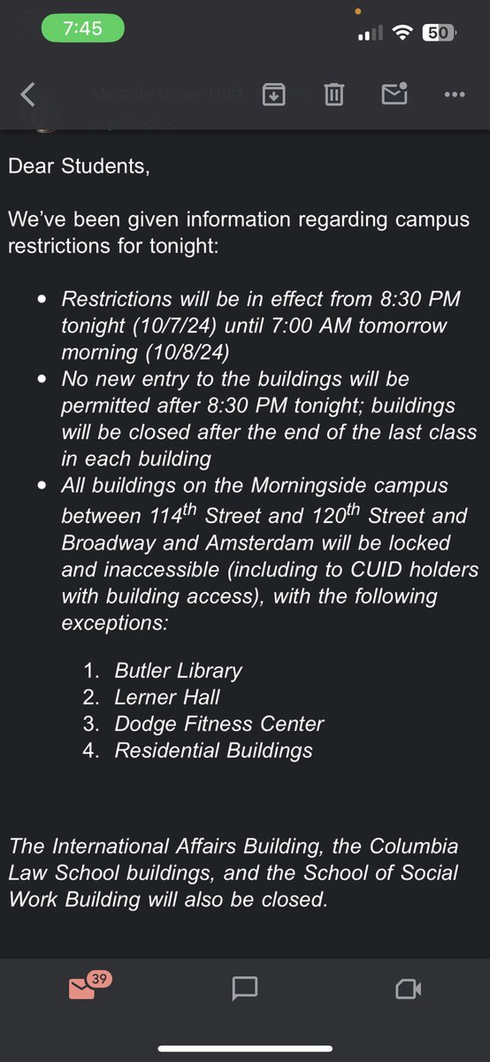 Inbox: Columbia campus restrictions for tonight.