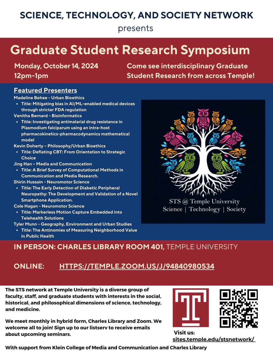 sts_temple's tweet photo. Join us for a Grad Student Research Symposium on Monday, October 14th, 12-1PM at Charles Library or on Zoom.  This will be a great chance to see that fascinating interdisciplinary research that Temple has to offer! https://t.co/gYyALb1AVc