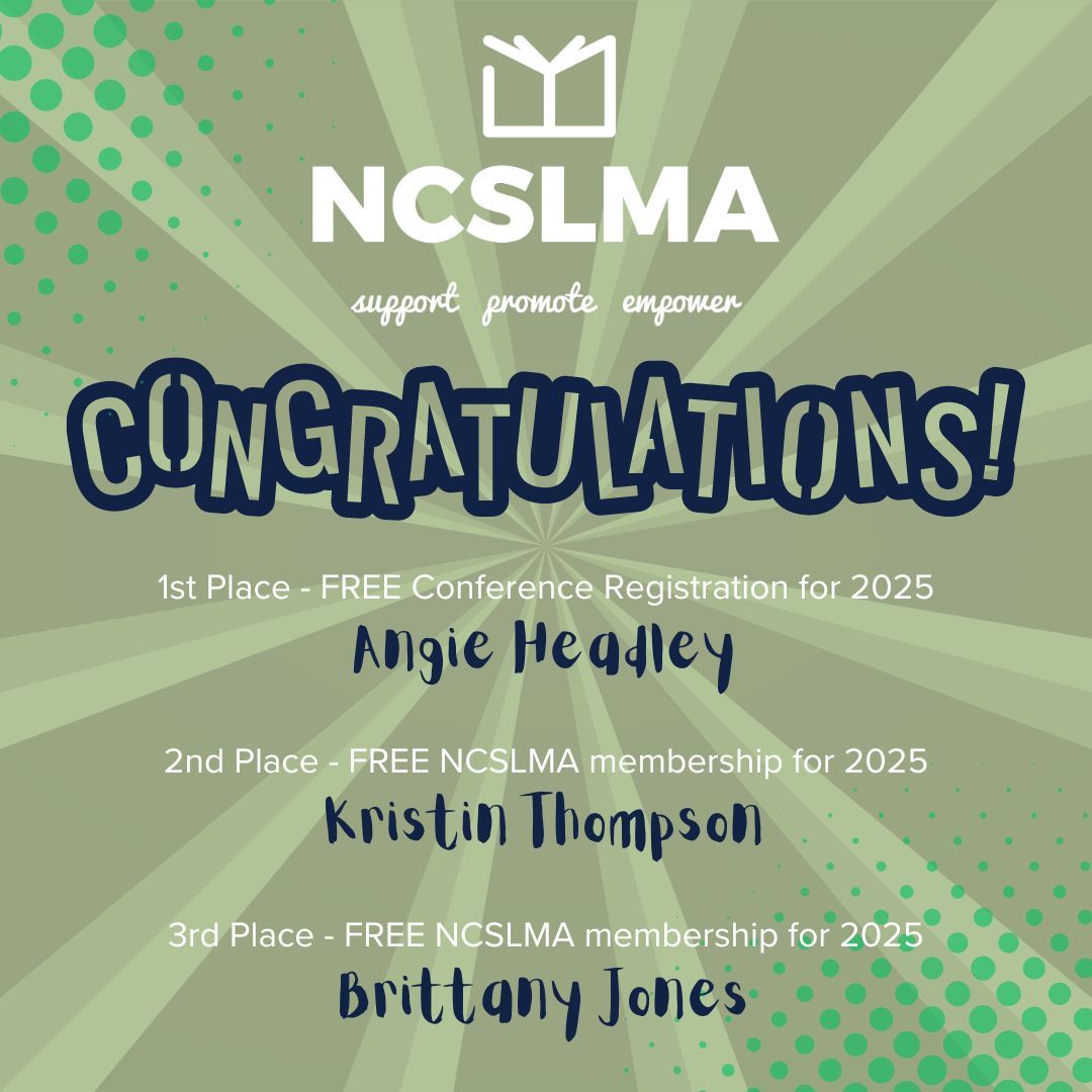 Congratulations Angie Headley! You won 1st place &amp; FREE conference registration for 2025. Congratulations Kristin Thompson &amp; Brittany Jones. You've won free #ncslma membership for 2025. We'll reach out via email with instructions for claiming your prize!