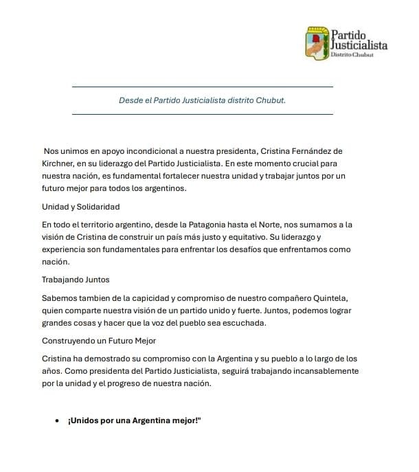 Unidos por una Argentina mejor 🇦🇷

¡Con Cristina Fernández de Kirchner al frente del Partido Justicialista Nacional, el legado de Perón y Néstor vive! Unidos por el pueblo, el movimiento y la construcción desde las bases, avanzamos hacia un futuro más justo y equitativo.