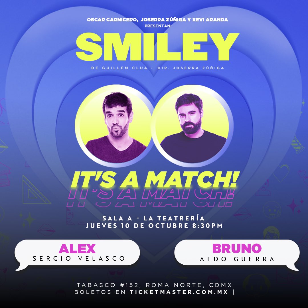 La magia del hilo rojo unirá esta semana Aldo Guerra y a Sergio Velasco en #SMILEY 💖 

¿Ya compraste tus boletos para ver su increíble química en escena? 🔥 

🗓️Jueves 10 de octubre, 8:30 pm 
🎟️Boletos en taquilla o en bit.ly/Smiley_LT