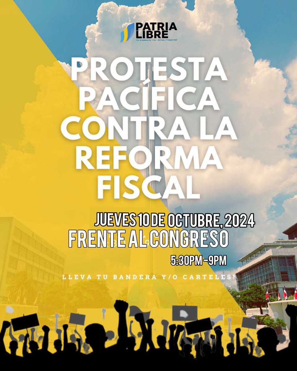 Fernan_Abreu's tweet photo. Les convocamos a TODOS a la PROTESTA FISCAL, la Protesta Pacífica en CONTRA de esta Reforma Fiscal progresista este jueves a las 5:30pm en frente al Congreso✊🇩🇴

Ya hay +3,400 dominicanos firmantes comprometidos a asistir a esta Protesta Fiscal, firmar👇

https://t.co/62h0UhjZVv https://t.co/uoOSM105hr