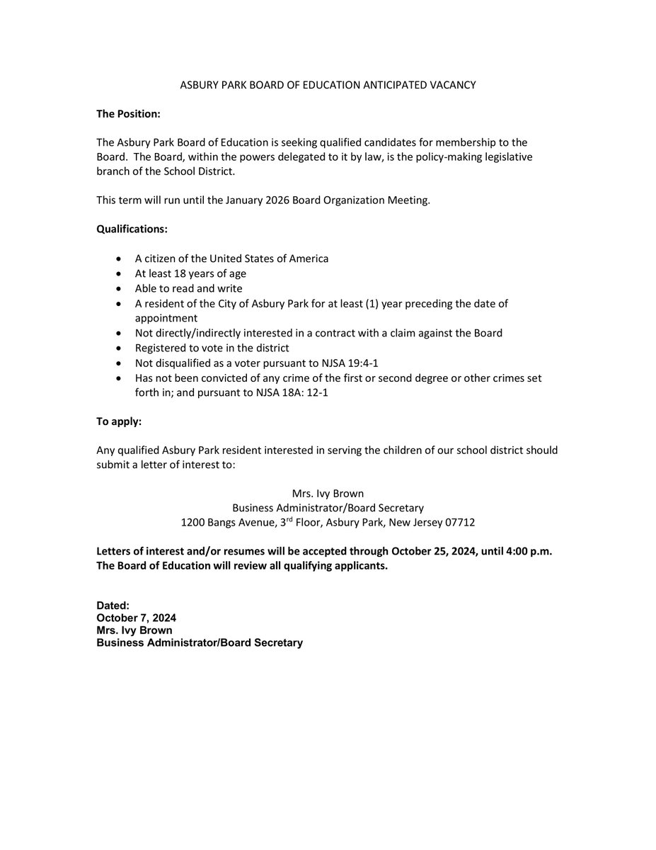 Please note the updated Board Vacancy posting. Please pay close attention to deadlines for submissions.