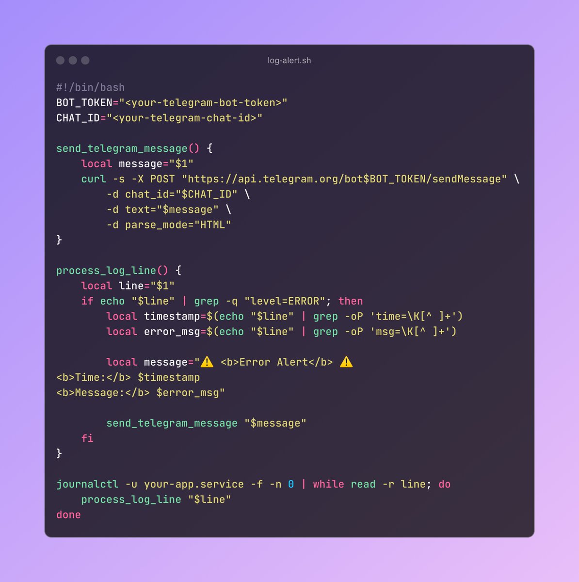 kkyrio's tweet image. Goodbye, Vercel.
Goodbye, Datadog.

🙋‍♂️Hello, 20 lines of bash.
🚨 Instant alerts on your phone when your service logs an error.

Free, simple, and effective.