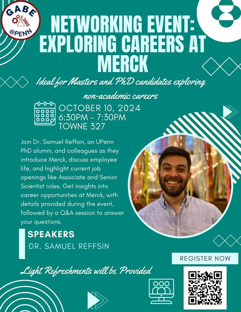 PennGABE (@penn_gabe) on Twitter photo In collaboration with Merck, GABE is excited to host a career talk featuring Dr. Samuel Reffsin, a UPenn BE PhD graduate and current employee at Merck. This Thursday 10/07! RSVP here: forms.gle/UNff18CvjbWKgS…
<a href="/pennbioeng/">Penn Bioengineering</a> <a href="/PennEngGrad/">PennEngineerGrad</a> In collaboration with Merck, GABE is excited to host a career talk featuring Dr. Samuel Reffsin, a UPenn BE PhD graduate and current employee at Merck. This Thursday 10/07! RSVP here: forms.gle/UNff18CvjbWKgS…
<a href="/pennbioeng/">Penn Bioengineering</a> <a href="/PennEngGrad/">PennEngineerGrad</a>