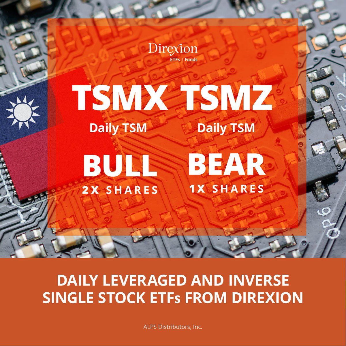 DirexionLETFs's tweet photo. Announcing #TSMX & #TSMZ!🚨
Taiwan Semiconductor (TSM) manufactures chips for other companies, helping scale AI, mobile, and more. Our new Direxion Daily TSM Bull 2X Shares (TSMX) and Direxion Daily TSM Bear 1X Shares (TSMZ) ETFs.
Learn more ➡ https://t.co/lGCzdfQkiw https://t.co/oOE93oZYQw