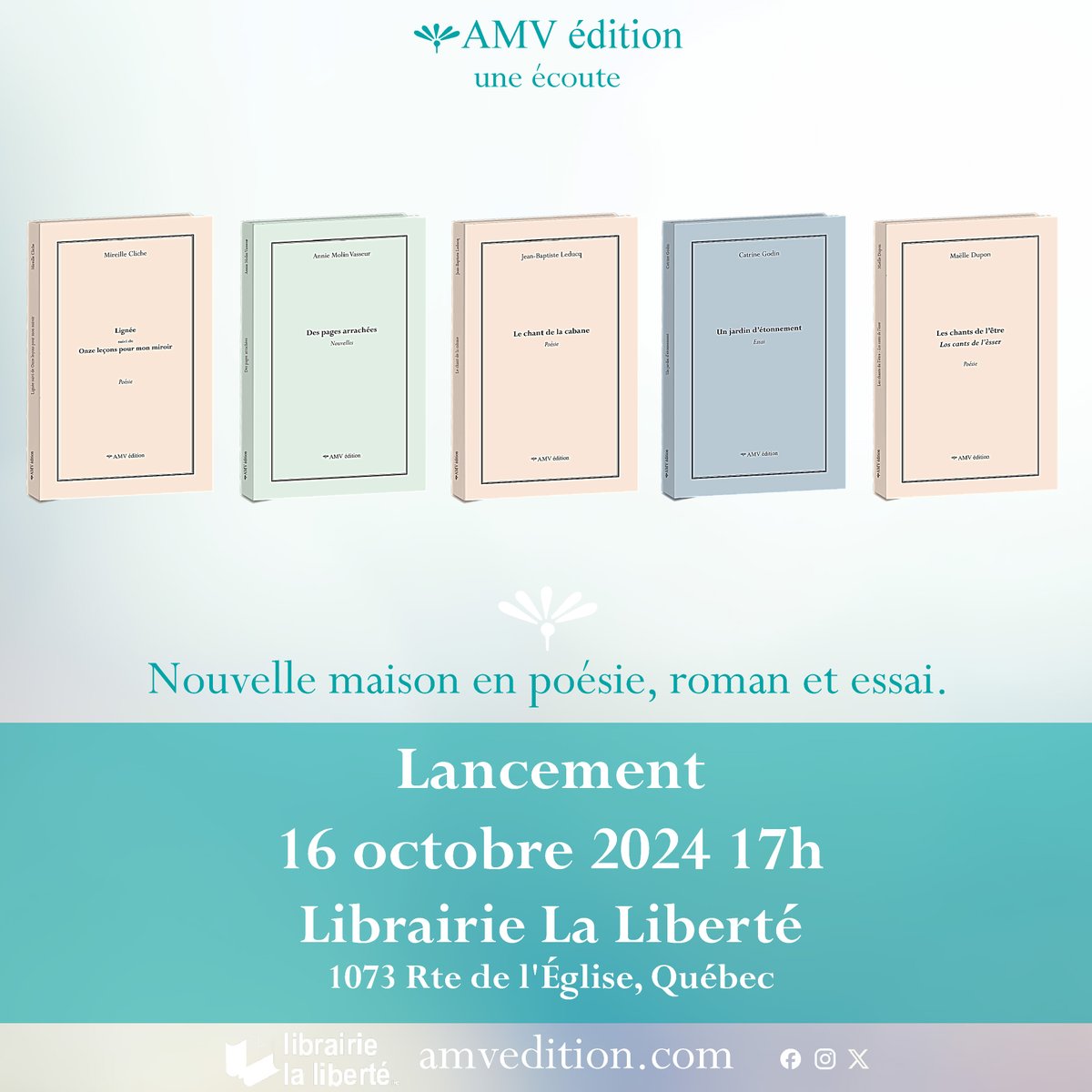 amv_edition's tweet photo. 📚RDV à @LibLaliberte le 16 octobre pour un 5 à 7 spécial lancement  AMV édition à Québec ! 
🖋️En présence de Mireille Cliche, Maëlle Dupon (occitan-français), Jean-Baptiste Leducq, Catrine Godin et Annie Molin Vasseur ✨
🩷On a hâte ! https://t.co/NDz0t6Ns5f