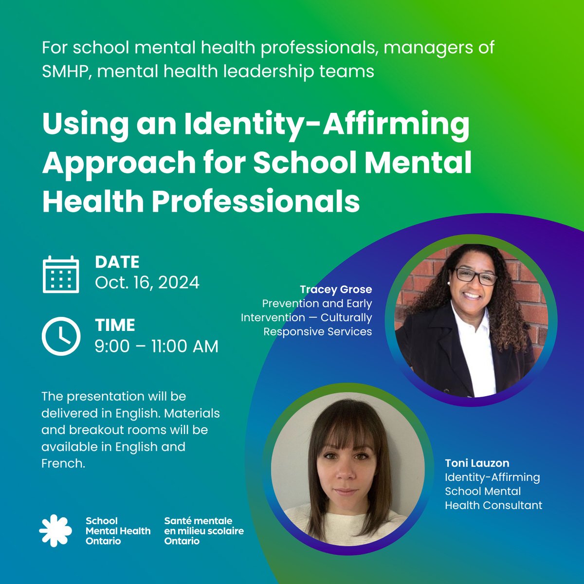 School Mental Health Professionals, Mental Health Leads and Managers, join us October 16 as we explore Using an Identity-Affirming approach in school mental health practice. 
#SchoolMentalHealthON