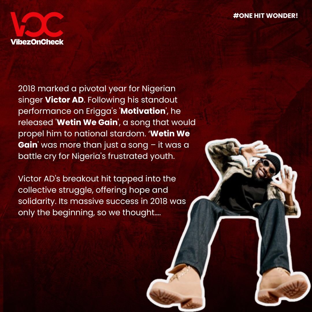 Vibezoncheck_'s tweet photo. From chart-toppers to short-lived sensations, #OneHitWonder of the Week shines on Victor AD, the mind behind 'Wetin We Gain.' A song that asked the real questions, then faded from the scene. 🎶
Do you still vibe to this anthem? Let us know!
#musicmoments #VictorAD https://t.co/GuZiEaj4F9