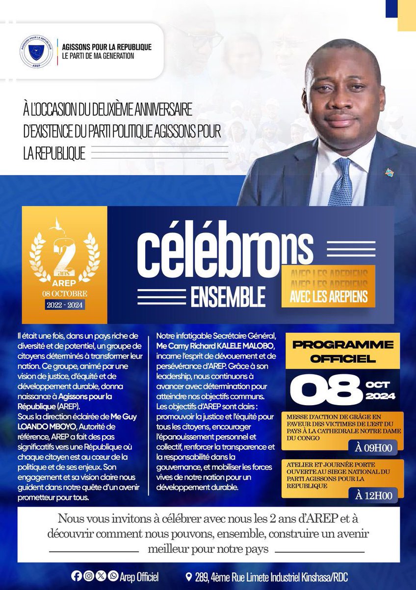 ArepOfficiel's tweet photo. Le parti Agissons pour la République vous invite ce mardi 08 octobre 2024 de 09h à 12h à venir célébrer ensemble avec lui ses deux ans à la cathédrale Notre-Dame du Congo dans laquelle sera organisée une messe en hommage aux victimes de l'EST de la RDC. @GuyLoando_ https://t.co/b3GkyNTrkt
