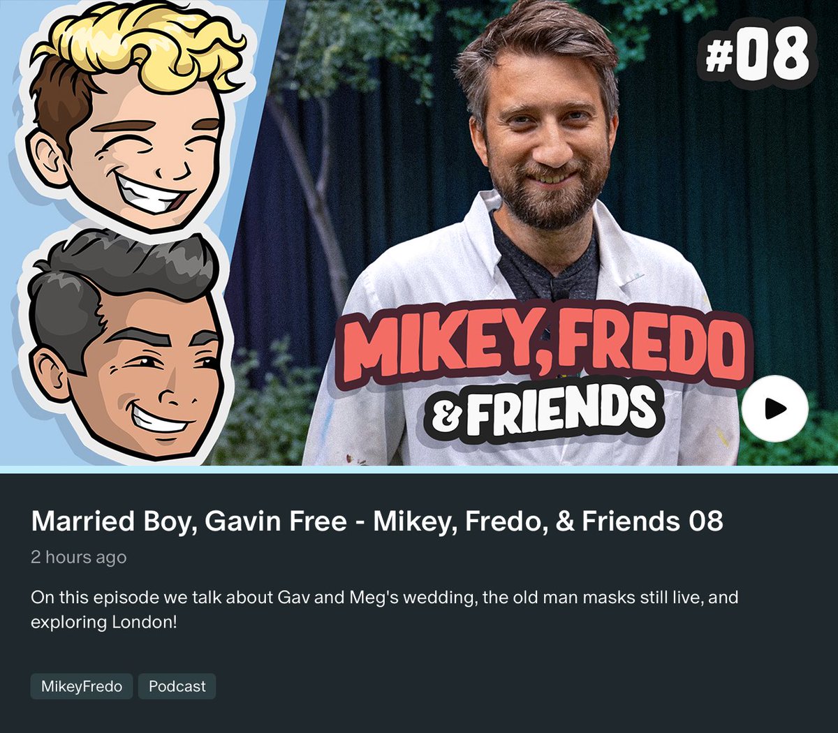 Pigeon Studios 🎧🎨 (Jen & Pete) 🇬🇧 (@pigeonscoo) on Twitter photo This episode with <a href="/GavinFree/">Gavin Free</a> is so lovely. Loved hearing old stories from AH, plus antics from Gav and <a href="/megturney/">Meg Turney</a>'s wedding. Really fun. Sub to Mikey & Fredo’s Patreon to watch ☺️ This episode with <a href="/GavinFree/">Gavin Free</a> is so lovely. Loved hearing old stories from AH, plus antics from Gav and <a href="/megturney/">Meg Turney</a>'s wedding. Really fun. Sub to Mikey & Fredo’s Patreon to watch ☺️