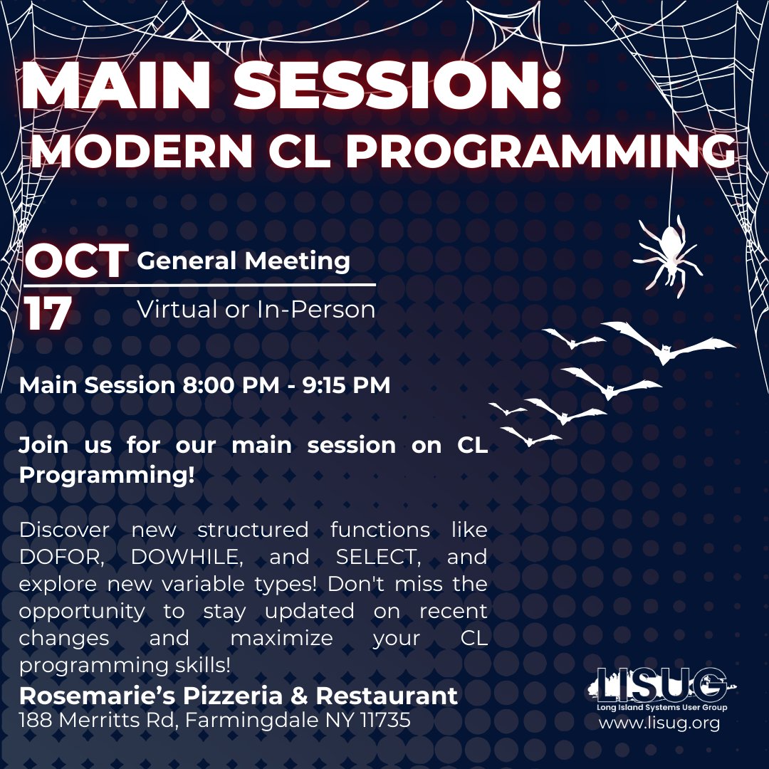 LISUG_Official's tweet image. Presenting our main session on CL Programming! Update your knowledge while getting into the Halloween spirit! Join the community at lisug.org

#LISUG #IBMiCommunity #IBMiTech #IBMiExperts #TechInnovation #FutureTech #ClodComputing #TechCommunity #AI
