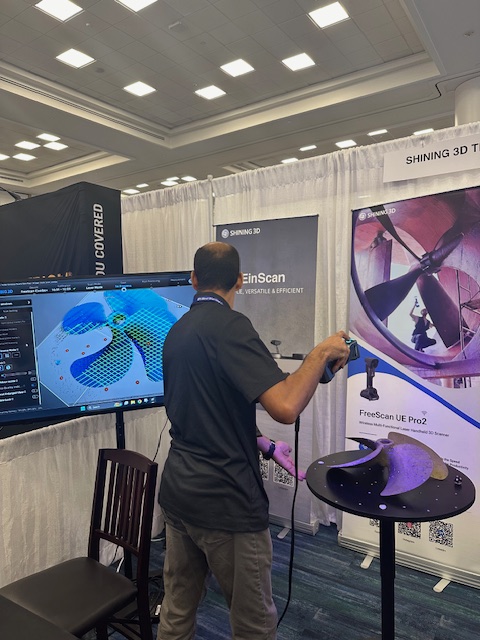 TruePropSftware's tweet photo. Our partners at @Shining3D proudly exhibited their amazing 3D scanners at #IBEX2024 last week, showcasing that they are the next big thing in propeller inspection - combined with TrueProp Virtual, of course🤩 Chat with us to learn more about this futuristic technology⚡️ https://t.co/dLeKB2wVDL