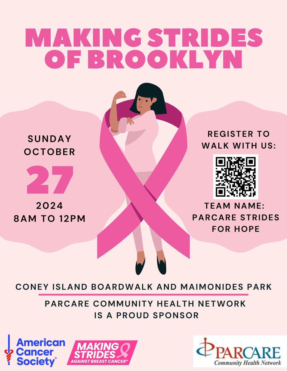 🌟 Exciting news! ParCare is teaming up with the American Cancer Society for "Making Strides of Brooklyn" against Breast Cancer on Sunday, October 27th. Join us in this vital fight! 💖 Register to walk with us below #MakingStrides #BreastCancerAwareness #ParCareCares
