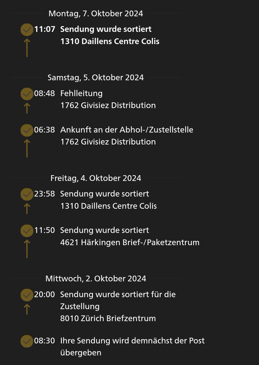 Heute: Tour de Suisse mit einem "SmallPac Priority" 🙄

<a href="/postschweiz/">PostSchweiz</a> ist offensichtlich für Terminlieferungen ungeeignet #geburtstagsgeschenk