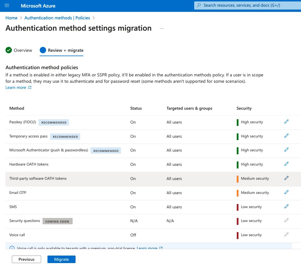 New Automated migration for Entra Authentication methods :D

This guide looks awesome! Not only does it help migrate methods, it makes recommendations on strengths of each :)

learn.microsoft.com/en-us/entra/id…