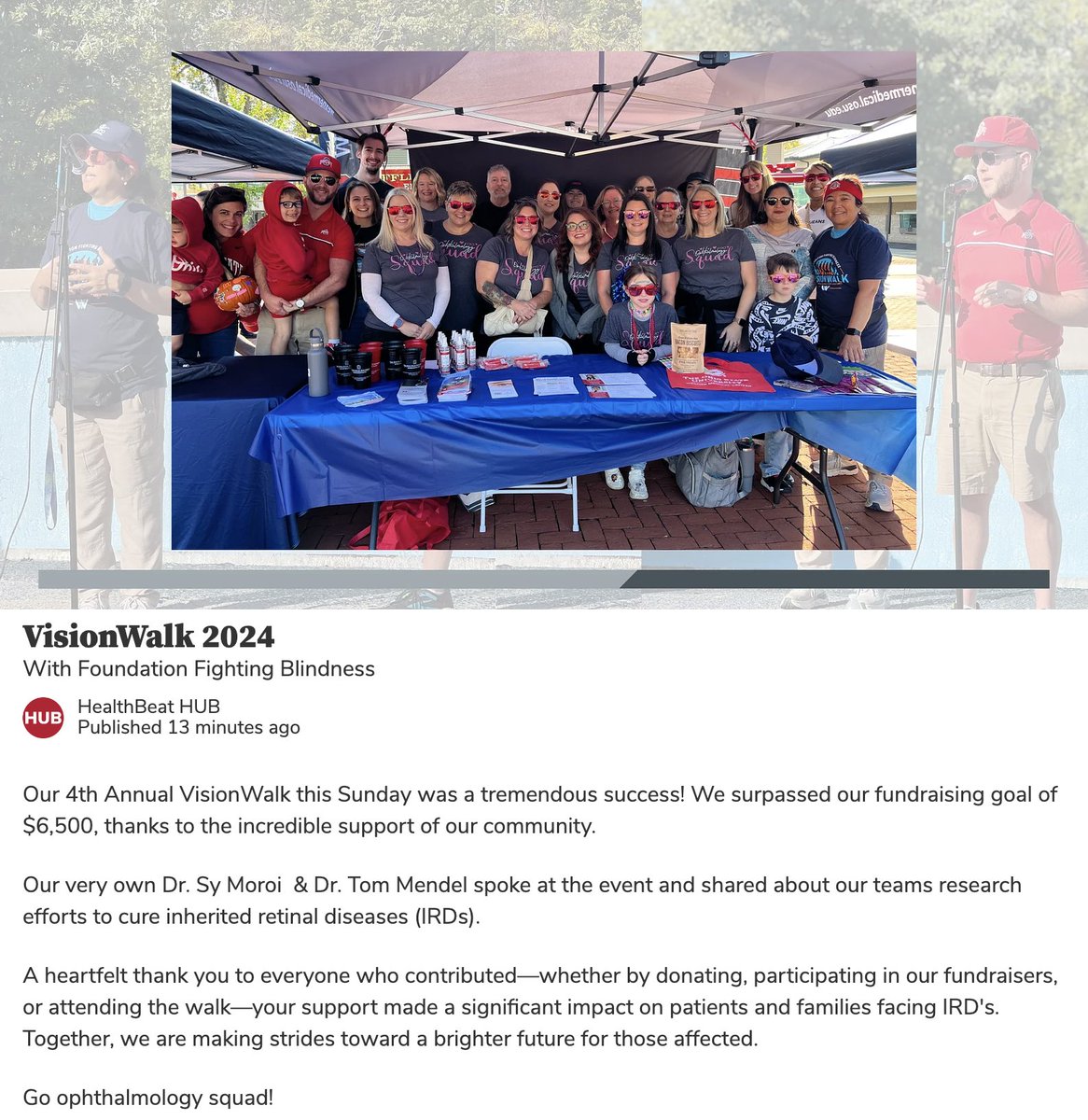 Well done <a href="/OhioStateEye/">Ohio State University Ophthalmology</a> representing for the Foundation for Fighting Blindness VisionWalk this weekend!  Kudos to <a href="/TaylorSabato/">Taylor Sabato, MPH, MMSc, LGC</a> for leading the charge organizing and raising funds for our team 😀