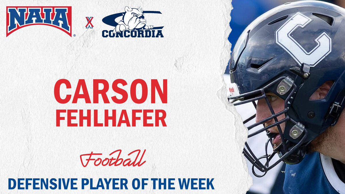 🏈
Carson Fehlhafer led a dominant <a href="/cunebulldogs/">Concordia Bulldogs</a> defensive line in a massive road upset and is named #NAIAFootball Defensive Player of the Week!      

Dive Deeper  --&gt; naia.prestosports.com/x/dknoz

#NAIAPOTW #collegefootball