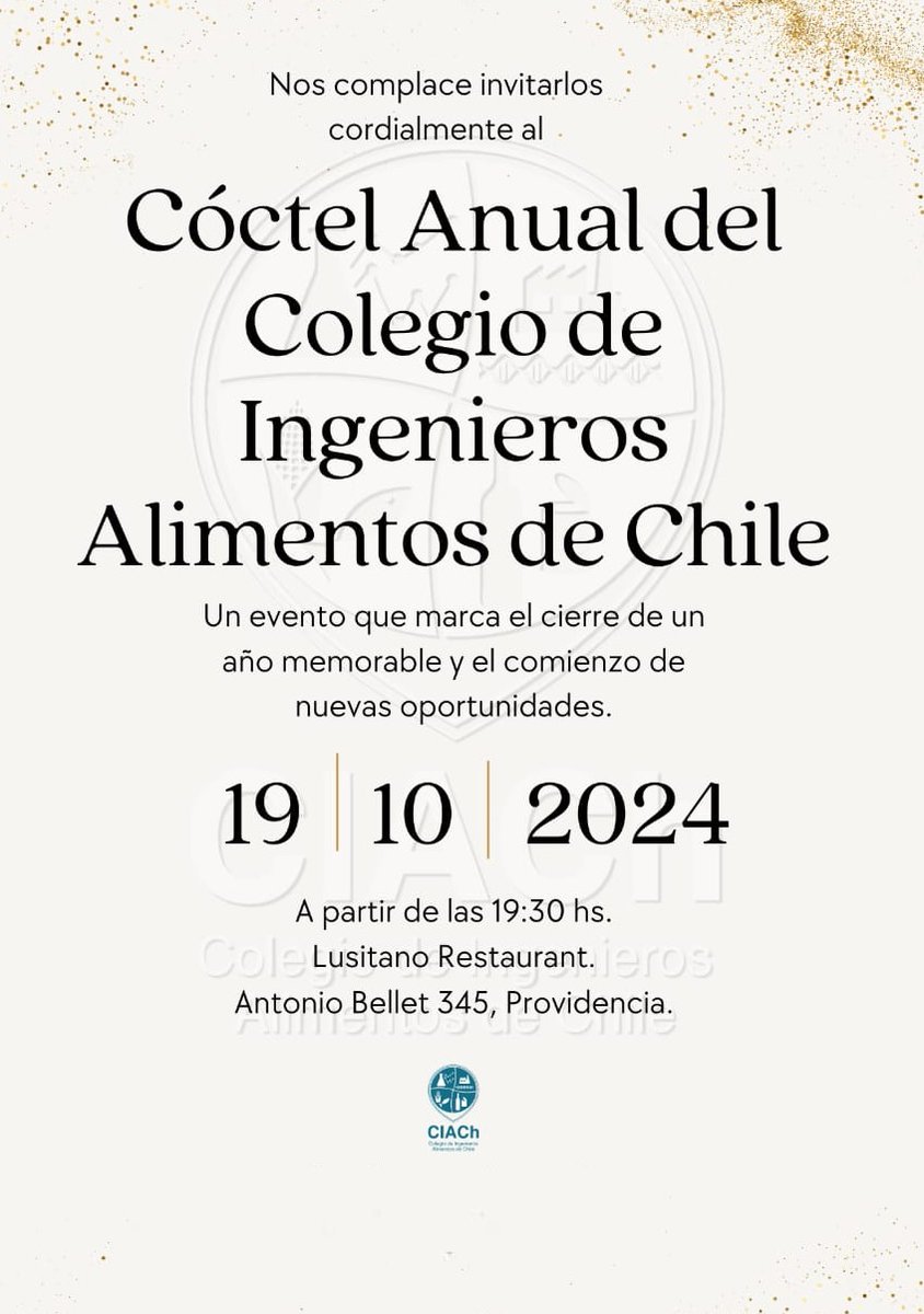 ingenieriadeyen's tweet photo. Estimados:
El cóctel se llevará a cabo el sábado 19 de octubre en el Restaurante Lusitano, ubicado en Antonio Bellet 345, Providencia, a partir de las 19:30 horas.
completes el siguiente formulario:
Formulario de asistencia (https://t.co/Jbpw16lqQY) https://t.co/WzOQVDr4Tm