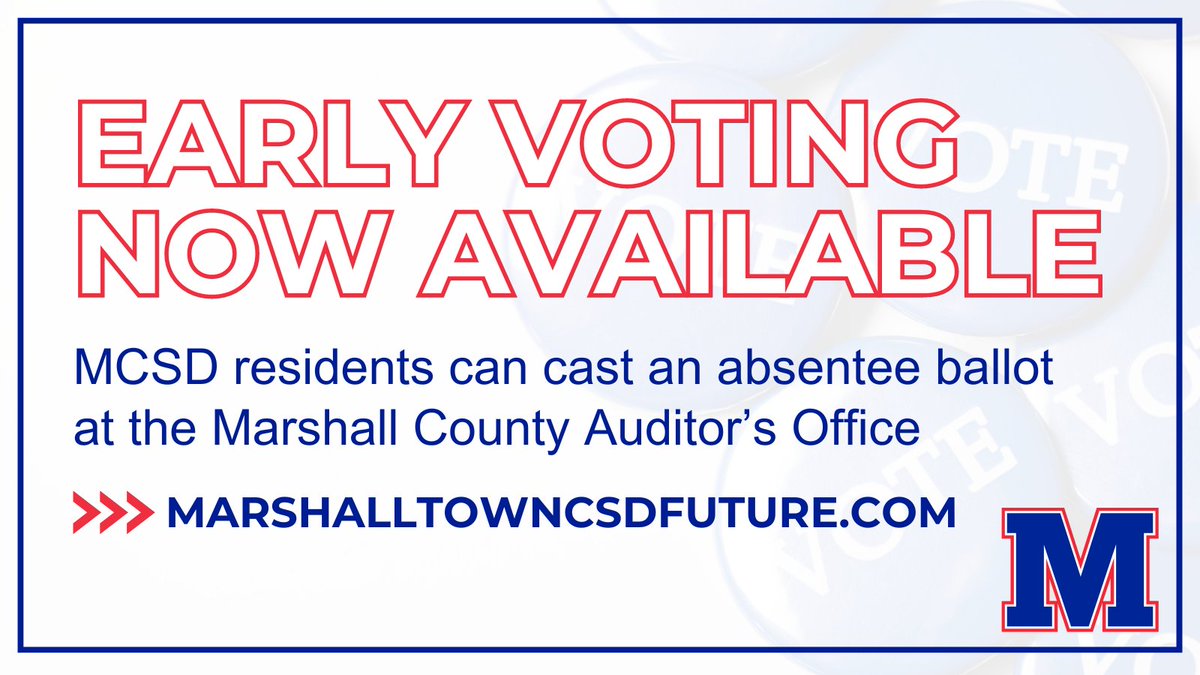 🐾 Registered voters in the Marshalltown CSD can cast an absentee ballot in person at the Marshall County Auditor’s Office until November 4.

More voting info: marshalltowncsdfuture.com/voting