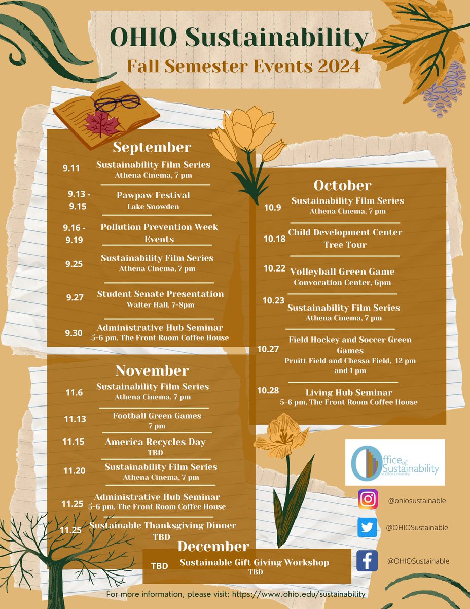 In October and November, the Office of Sustainability will be partnering with various groups and organizations on &amp; off campus to promote sustainability and environmentalism in student life. Whether at the Athena or Front Room, we hope to see you all out and about this semester!