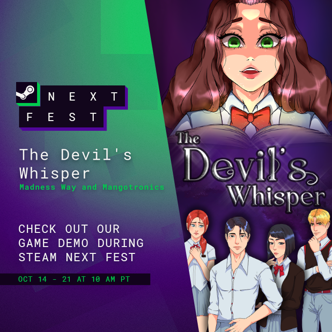 The Devil's Whisper will be at Steam Next Fest this October!
Get ready to experience the horrifying first chapter.
#SteamNextFest #VisualNovel #TheDevilsWhisperVN📖👿