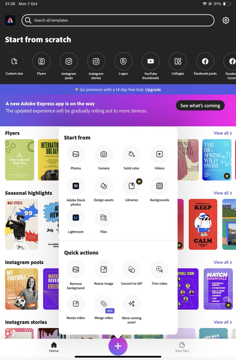 Hello <a href="/AdobeCare/">Adobe Care</a>, can you help me out please. I’m able to make videos on Adobe Express on my iPhone app (see picture 1), but on my iPad app there seems to be no option to make videos (see picture 2). I’ve searched for templates and all sorts. Please help. Thanks