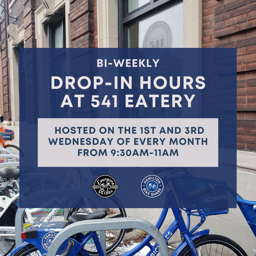 Drop-in hours at 541 Eatery are BACK 😎 

Stop by 541 Eatery on the first and/or third Wednesday of every month from 9:30am-11am to learn more about #BikeShare, receive in person support and pay with cash!