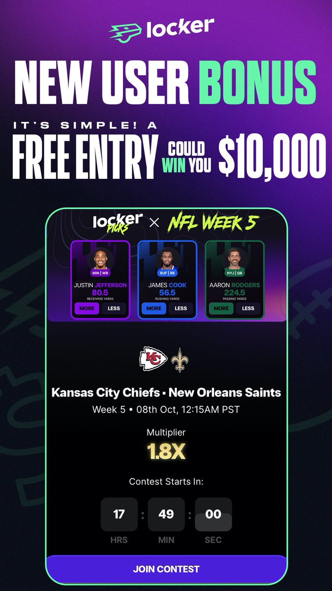 LEARLOCKS's tweet photo. Last Chance to Win BIG @PlayLockerLive 

$100 ON YOUR FIRST DEPOSIT with code “GAME ON” on sign up! #PlayLocker &amp; 100x payout multiplier on this week’s Pick Ems 🤑

Join Now 👉 https://t.co/QNwsMSRJPF https://t.co/Dg9Bfjhney
