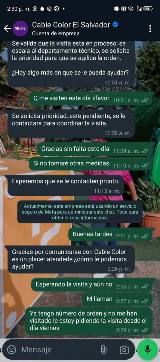 portillo0518's tweet photo. @cablecolor_sv @Defensoria_910 @SIGETSV Siempre se les ha escrito a ese numero y siempre me dicen que vendran y ya pasaron 4 dias con lo mismo. El whatsapp es terminación 5468 y el numero de orden es 79668895 https://t.co/uNJlZrz5ZO