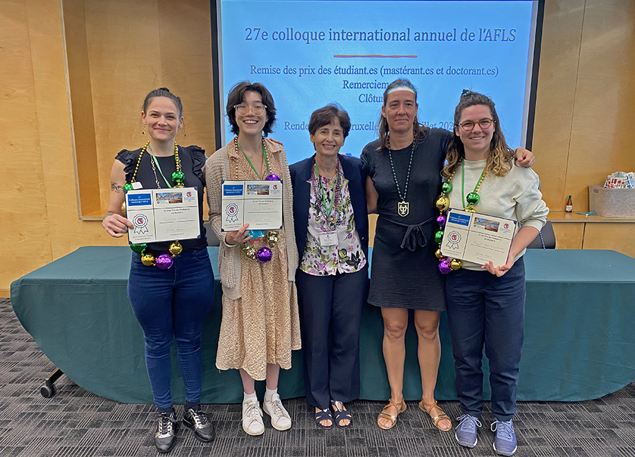Voilà les lauréates des prix des meilleures communications (AFLS Nola). Premières ex aequo: Abigaël Forest-LeBlanc (UQAM) et Sarah Derasp (Simon Fraser U); Deuxième prix: Laetitia Kokx (Michigan State U); Troisième prix: Kathryn Fisher (U of Toronto). Félicitations!