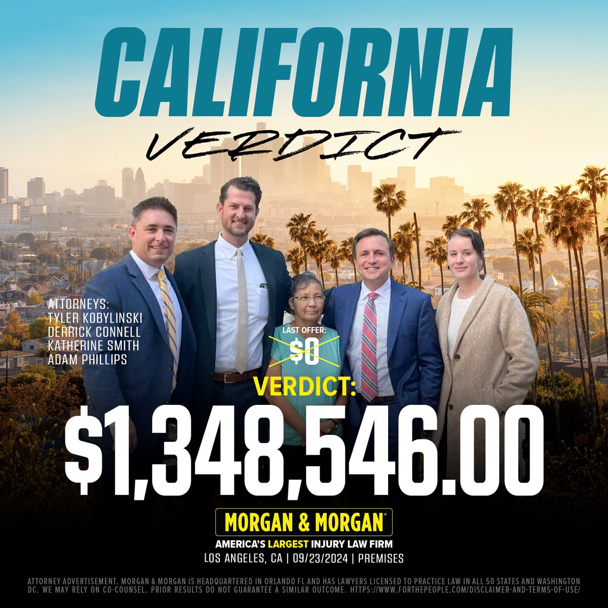 🚨 #VerdictAlert:

Tyler Kobylinski, Derrick Connell, Katherine Smith and Adam Phillips just received a $1,348,546.00 verdict for our client in Los Angeles!

The last offer from big insurance was $0. That’s #MorganMath 💪