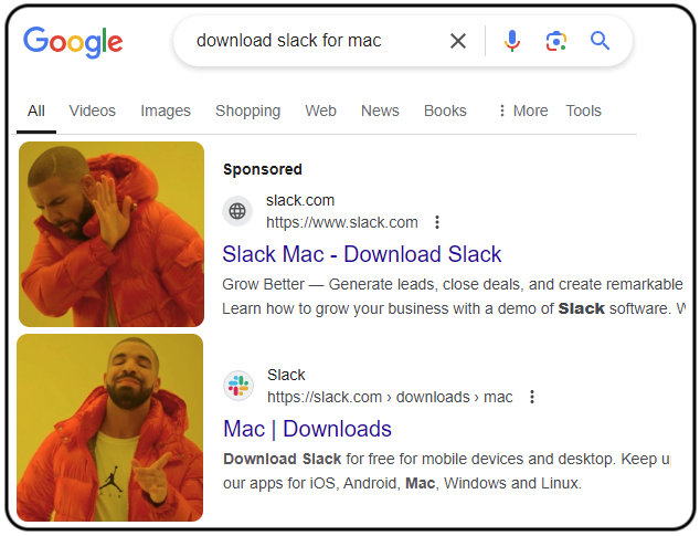 Malwarebytes's tweet photo. See that ad for Slack? It's actually a malicious site that tricks Mac users into downloading an infostealer. https://t.co/UH4KGgNwrR
