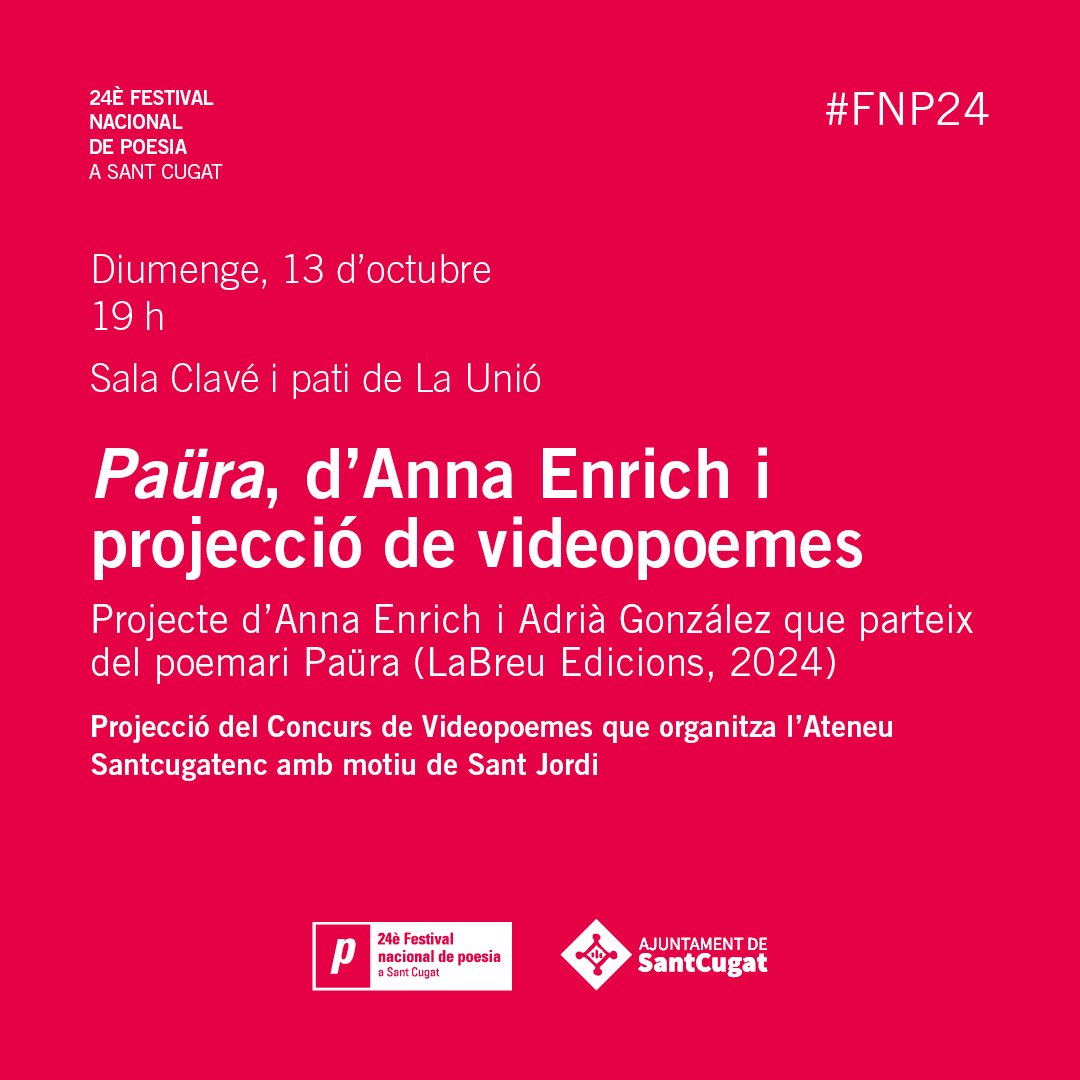 ◼️ Diumenge 13 | 19 | Sala Clavé i pati de <a href="/launiosc/">La Unió Santcugatenca</a>

⚫️ PAÜRA d'<a href="/AnnaEnrich5/">Anna Enrich</a>
▪️ Acompanyament musical d'Adrià González i projecció de videopoemes

➖ Organitza: <a href="/launiosc/">La Unió Santcugatenca</a> Santcugatenca i L’@ateneu. Amb la col·laboració de <a href="/FerraterGabriel/">Associació Gabriel Ferrater - Sant Cugat</a> i <a href="/omniumstc/">Òmnium Sant Cugat</a>

📄 linktr.ee/fnpoesia