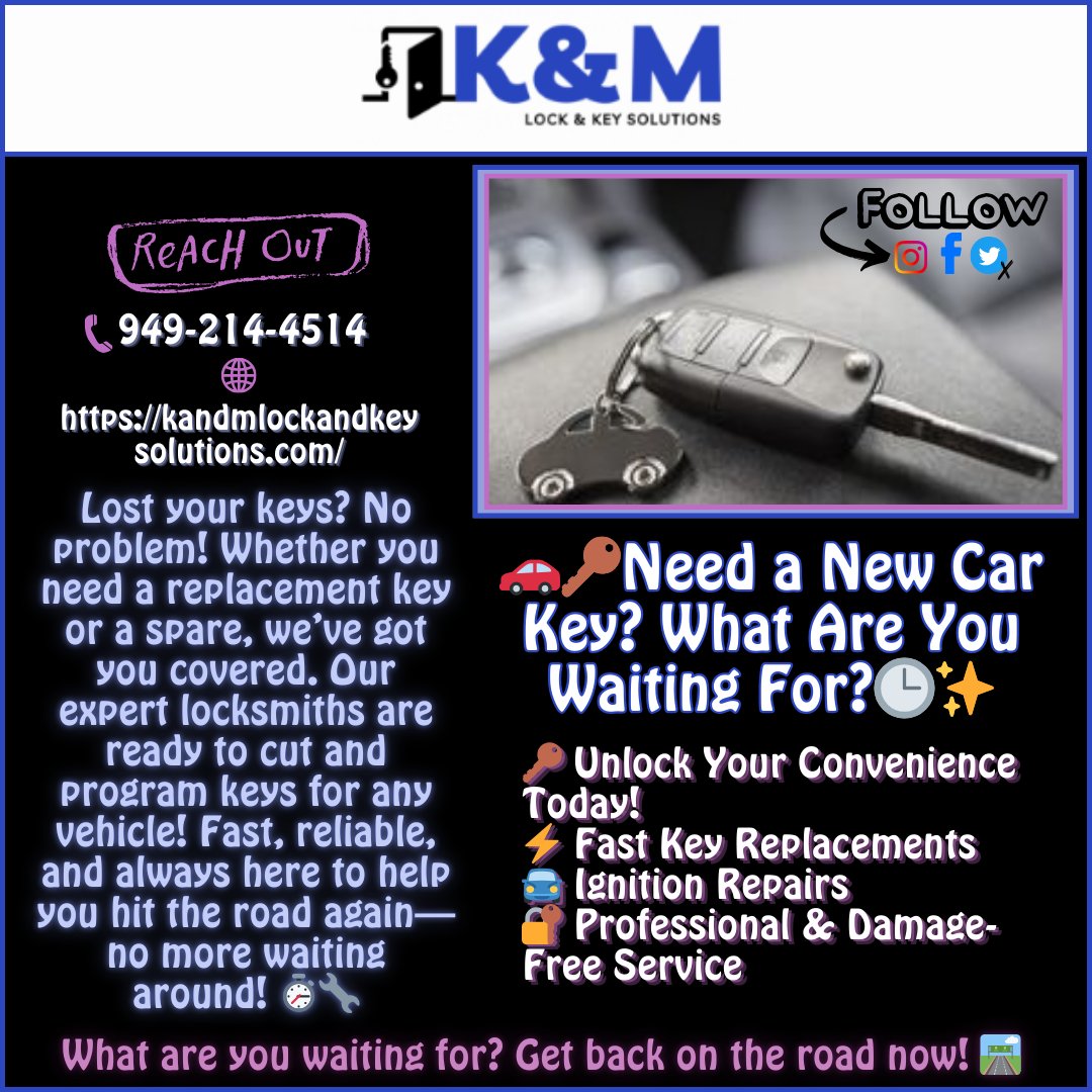 KandM_Lock's tweet image. 🚗🔑Locked Out or Need a New Car Key? We&apos;ve Got You Covered!🔐✨

Lost your car key? Or maybe you just need a spare? No worries—we specialize in quick key replacements, ignition repairs, and more!

#CarKeyReplacement #LockoutService #IgnitionRepair #ExpertLocksmith #AutoLock

1/2