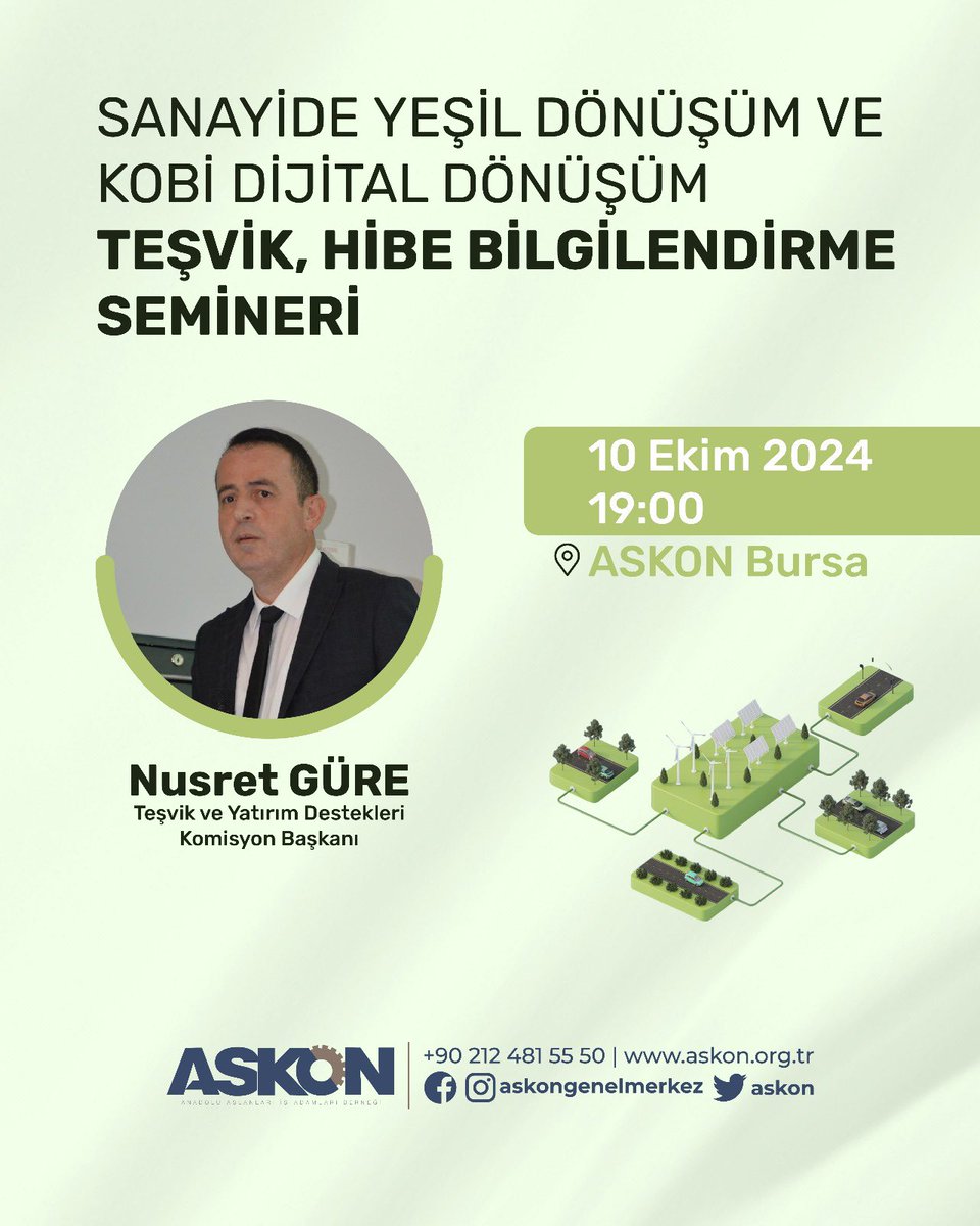10.10.2024 tarihinde Askon Bursa şubemizin evsahipliğinde Sanayide yeşil dönüşüm ve kobi dijital dönüşüm konularında Kosgeb ve Tübitak desteklerini Bursa şubemizin üyeleri ile paylaşıyor olacağız.