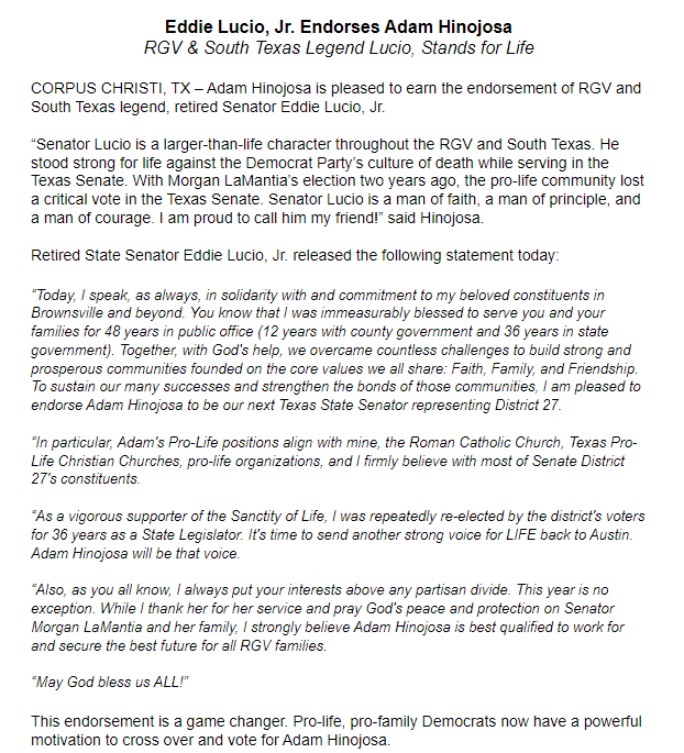 bradj_TX's tweet photo. .@ElectAHinojosa announces an endorsement from former #SD27 state Sen. Eddie Lucio, Jr. (D-Brownsville). #txlege

Lucio backed @lamantia4texas for the seat in 2022 in the primary: https://t.co/yLwULQNwYE https://t.co/Hwx60d5OzU