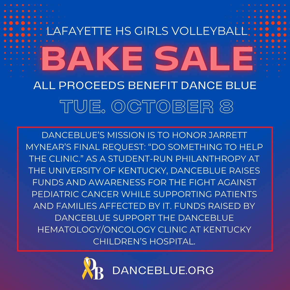 In conjunction with the Harrison County home game tomorrow night, the Generals will be hosting a Bake Sale fundraiser for Dance Blue!

If you can’t make it to the game but would like to donate, you can Venmo @LHSVballBoosters. Put "Dance Blue" in the comment.