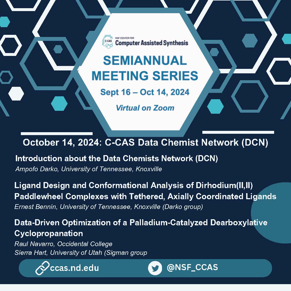 NSF Center for Computer Assisted Synthesis (@nsf_ccas) on Twitter photo Our semiannual meeting series wraps up next Monday, Oct 14, and will feature talks by members of our Data Chemist Network. All are welcome to attend! 
If you haven't already registered please do so here: docs.google.com/forms/d/e/1FAI… 
#compchem #Innovation #Science #Networking Our semiannual meeting series wraps up next Monday, Oct 14, and will feature talks by members of our Data Chemist Network. All are welcome to attend! 
If you haven't already registered please do so here: docs.google.com/forms/d/e/1FAI… 
#compchem #Innovation #Science #Networking