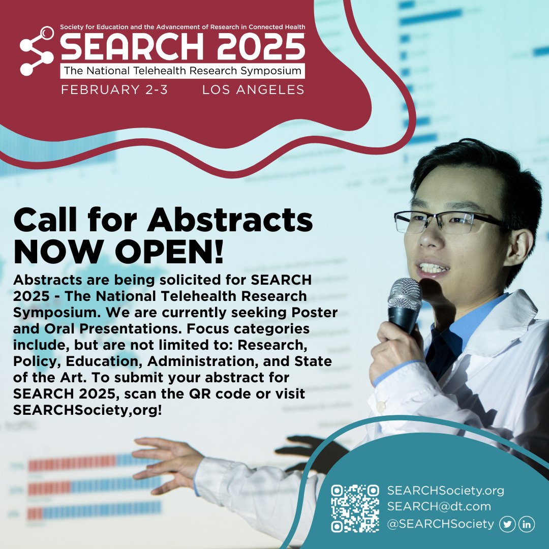 Submit your telehealth/connected care research for the National Telehealth Research Symposium:
📅 Deadline: Oct 31, 2024 
🗓️ Event: Feb 2-3, 2025 in LA 
Accepted abstracts published
searchsociety.org/search2025/abs…
#SEARCH2025 #TelehealthResearch