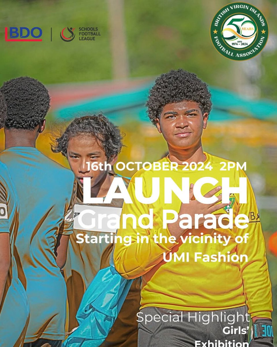 🎉 Join us for the BDO Schools Football League Launch on October 16th at 2 PM! starting at UMI Fashion. Followed by a giris Exhibition Match. – come celebrate and support the next generation of players! Let’s make this a day to remember! 🇻🇬💥

Contact the BVI FA Office