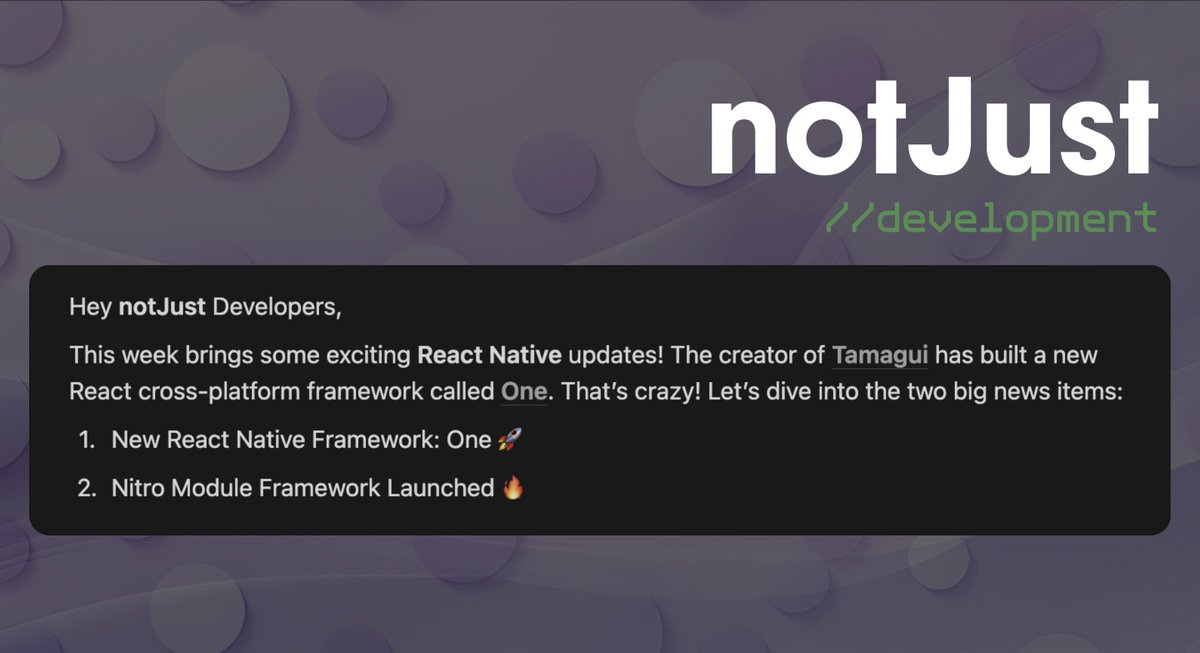 anis_RNCore's tweet image. Hey #React_Native Devs,

🔥 #NotJustDev Newsletter - for 10th Oct 👇

✅ We’ve finished writing 🤟

💟 Covered ❝ Nitro Module ❞ by @mrousavy 
💟 And ❝ One ❞ by @natebirdman 👇