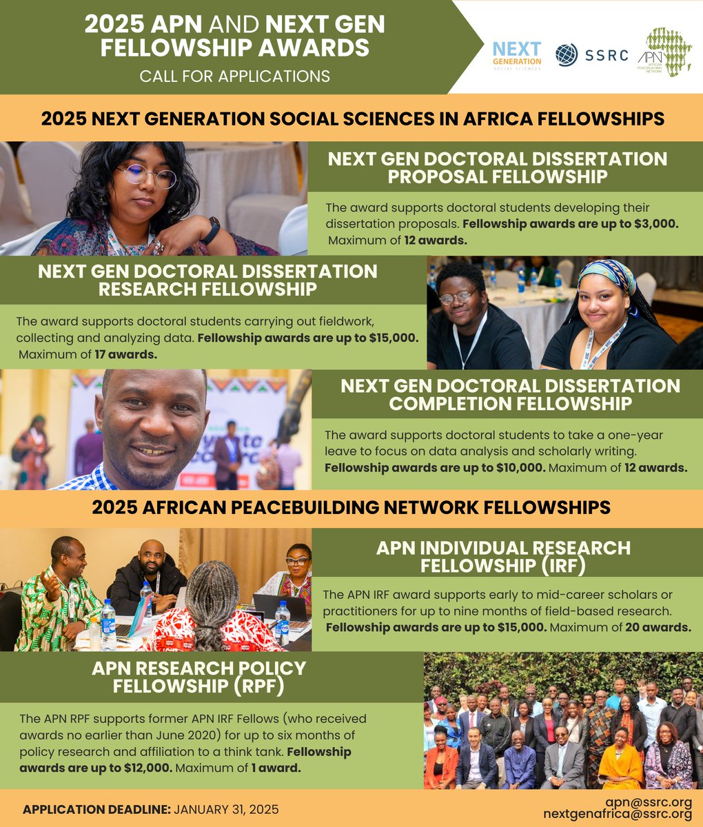 Call for Proposals! The Call for Applications to our 2025 African Peacebuilding Network (APN) and Next Generation Social Sciences in Africa (Next Gen) fellowship competitions has opened! Applications are due by January 31, 2025, 11:59 PM EST. Learn more: bit.ly/3TZdldY