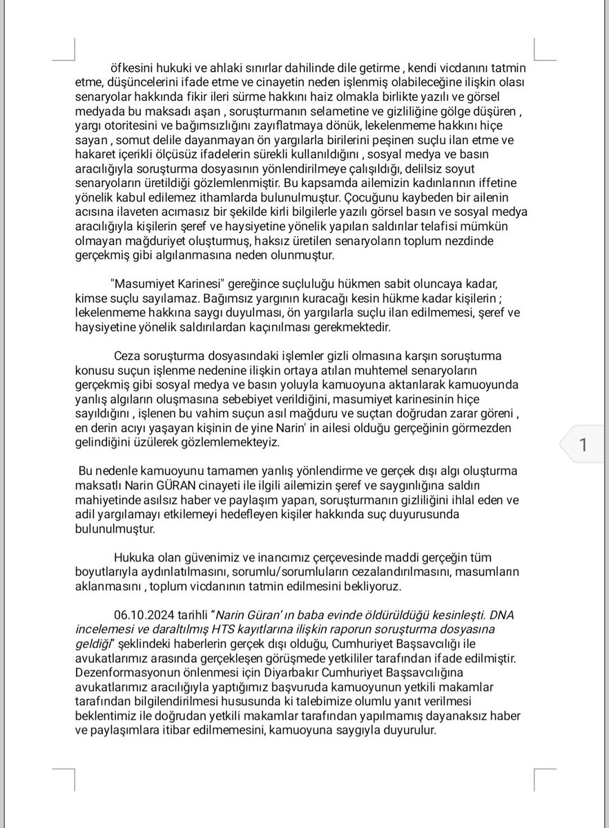 Güran Ailesi Narin soruşturması ile ilgili bu akşam  ikinci basın açıklamasını yaptı. Birinci açıklamada dış güçleri suçlamışlardı. Bu açıklamada ise basını hedef göstermişler. 12 avukatları ile bir araya gelerek hedefe basını koymuşlar. Utanmasalar Narin'i gazeteciler katletti