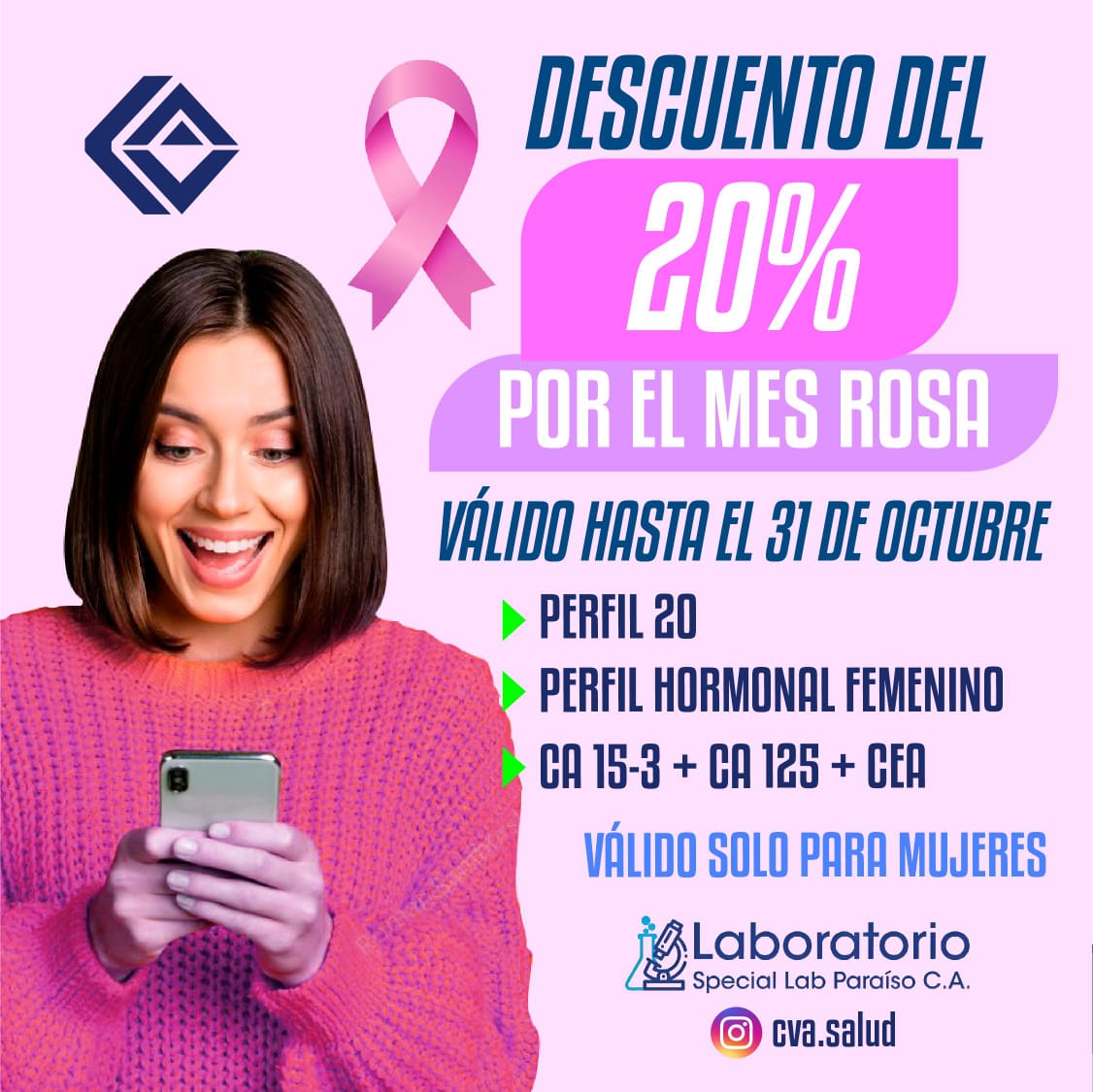 CVASalud's tweet photo. Por el mes Rosa Laboratorio Special Lab ofrece el 20% de descuento en los siguientes exámenes #NoPierdasLaOportunidad
#MesRosa
#Salud
#Caracas https://t.co/SXO8tt1fcJ