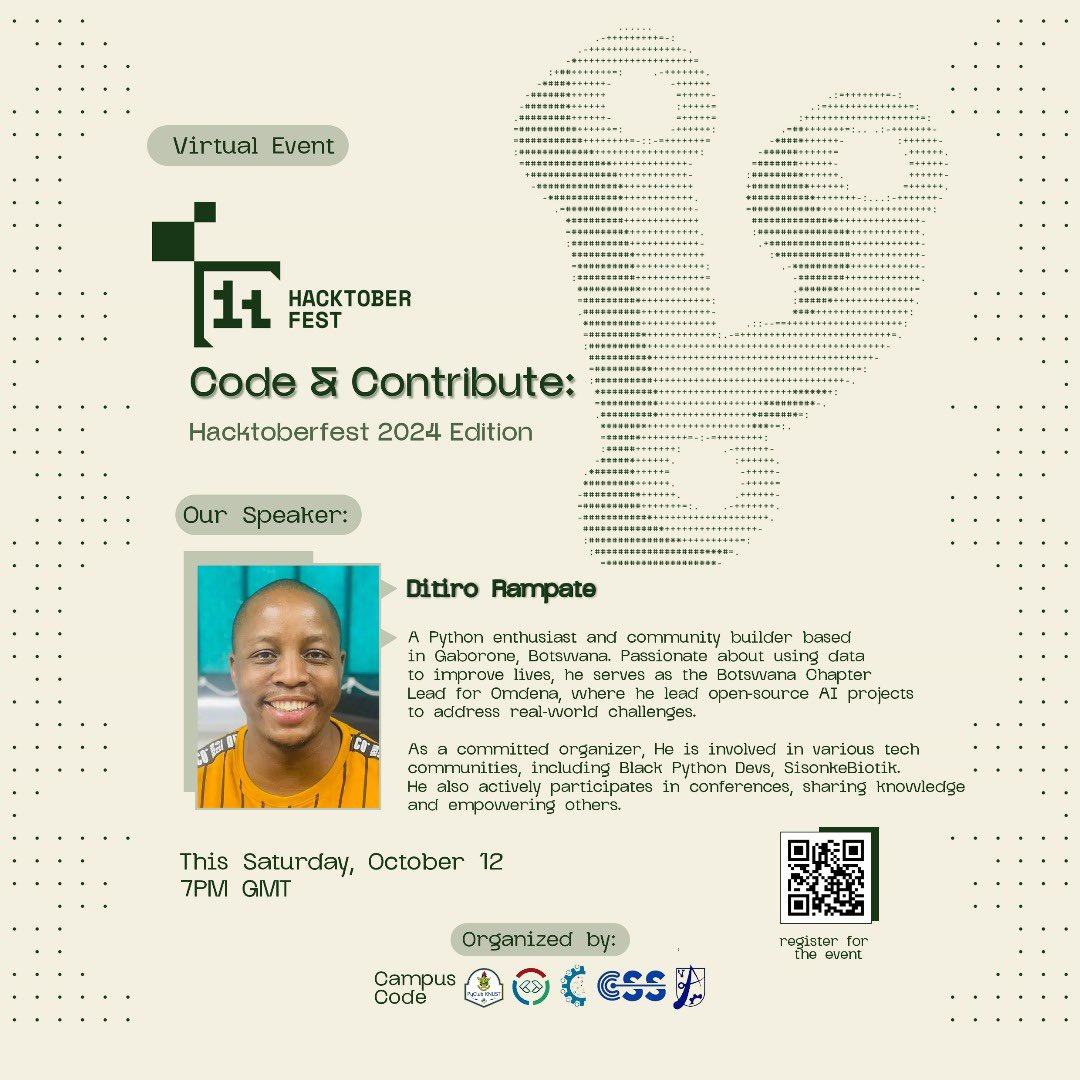 CodeContribute's tweet image. If you thought Episode 1 of Code and Contribute: Hacktoberfest 2024 Edition was mind-blowing, get ready because we’re just getting started! 🌟
Up Next: Episode 2– featuring another Open Source legend: @ditiroo_dt 🧑🏾💻
🗓12th Oct 2024–7:00 PM GMT
Register:lu.ma/5xiodc1m