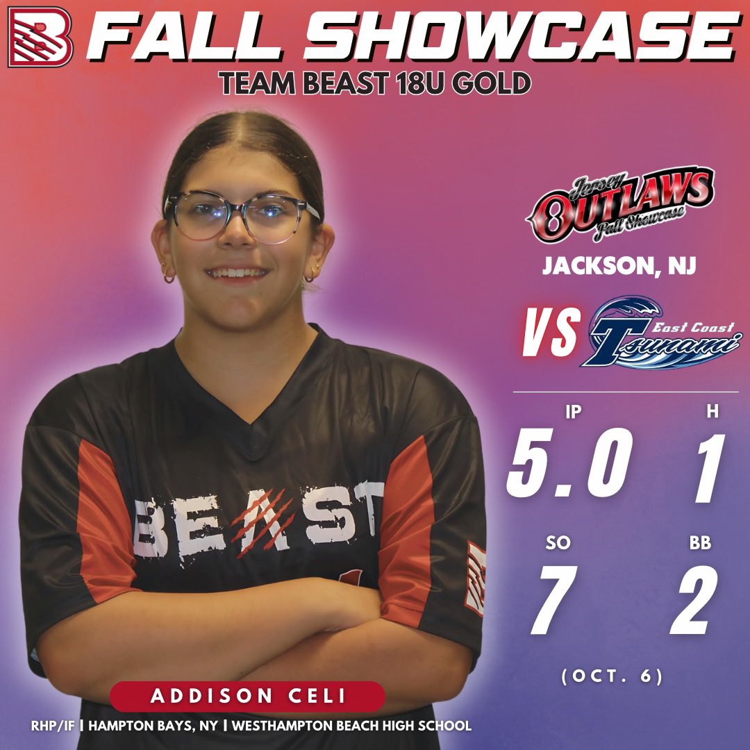 beastsoftballny's tweet photo. 🚨Beast Fall Showcase🚨
Team Beast 18U Gold RHP/INF Addison Celi (2026 - Hampton Bays, NY) moves to 4-1 on the fall season! 🥎
#BeastSoftballNY #TeamBeastNY #BeastSoftballHighSchool #BeastFallShowcase https://t.co/l2fMbRTESb