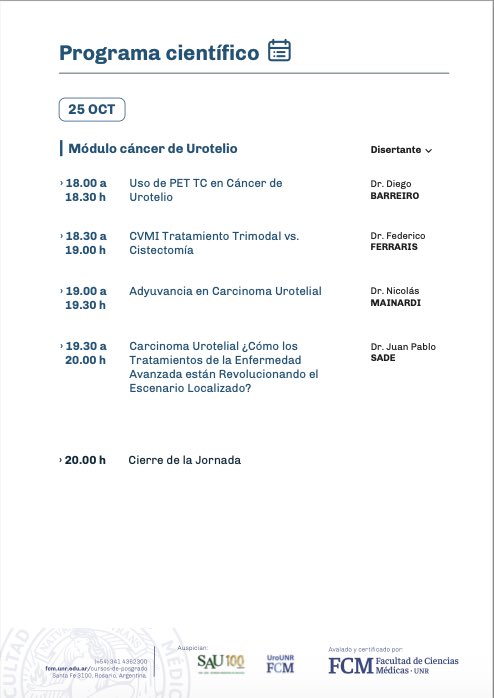 Los invitamos a participar en forma presencial el día 25/10/2024 desde las 13 hs. Jornada de Uro-Oncología, Rosario 2024.